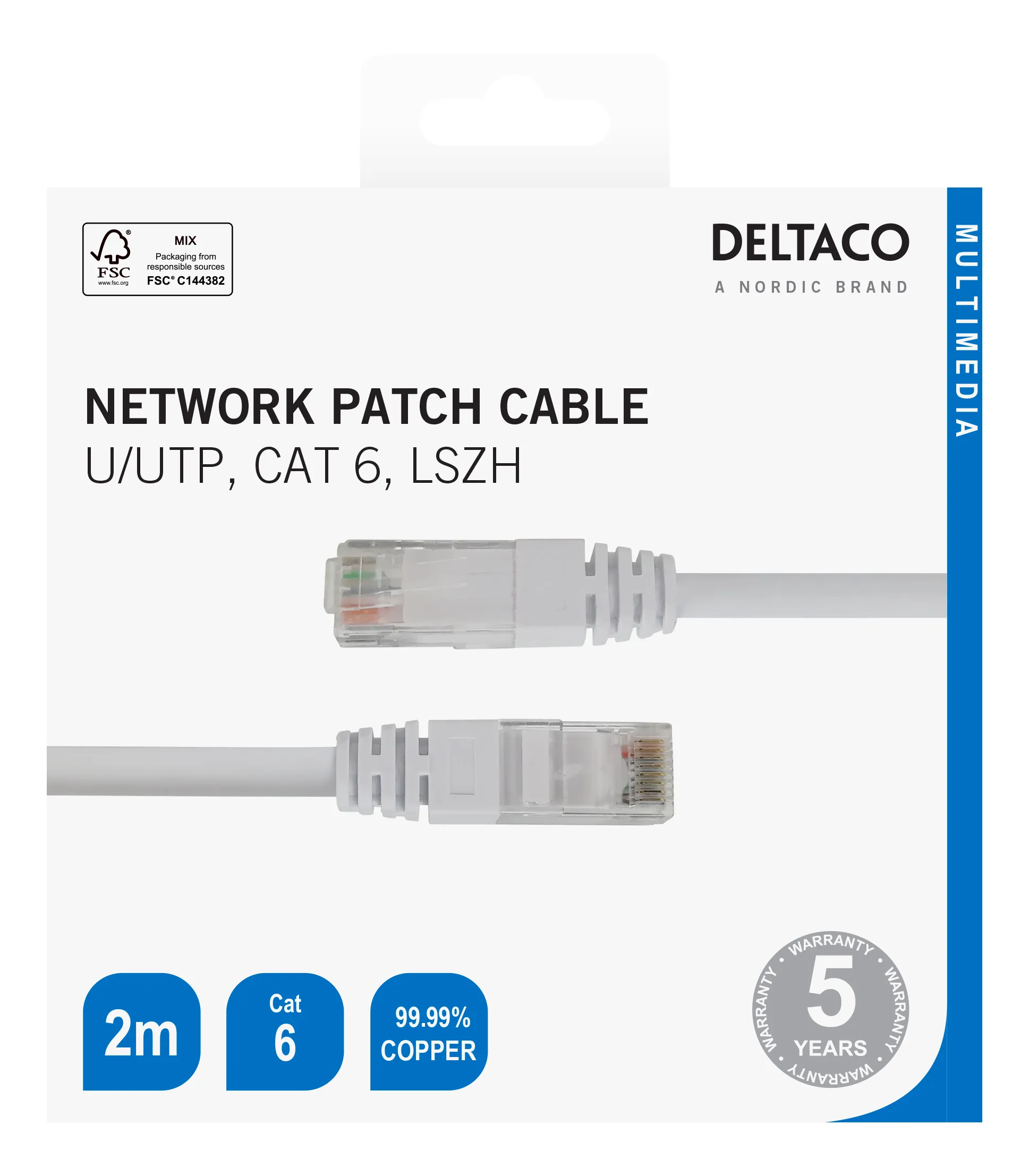 Deltaco Cat6 U/UTP RJ45 2m Network Cable, White
