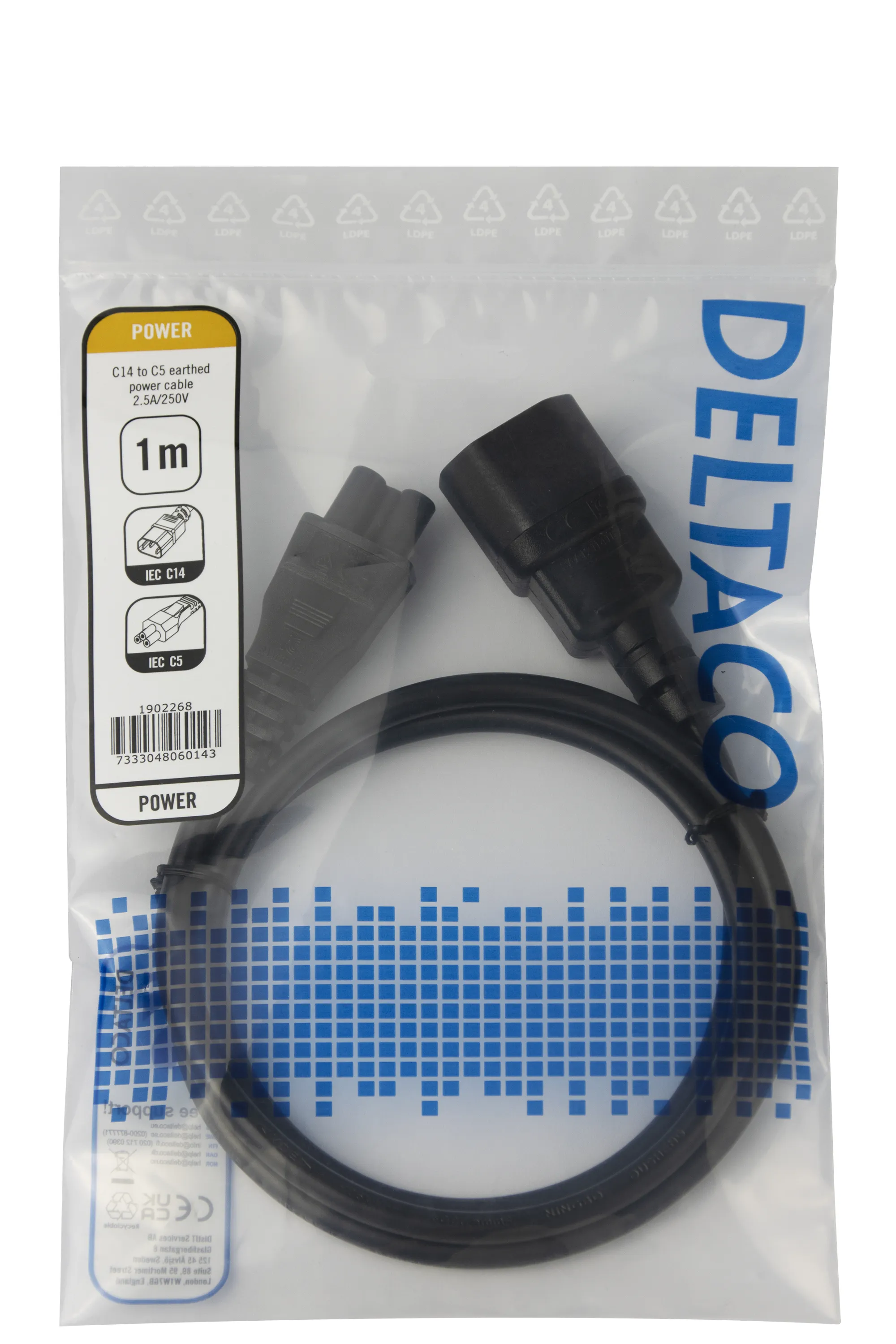Deltaco IEC C14 - IEC C5 -virtakaapeli, Musta, 1m