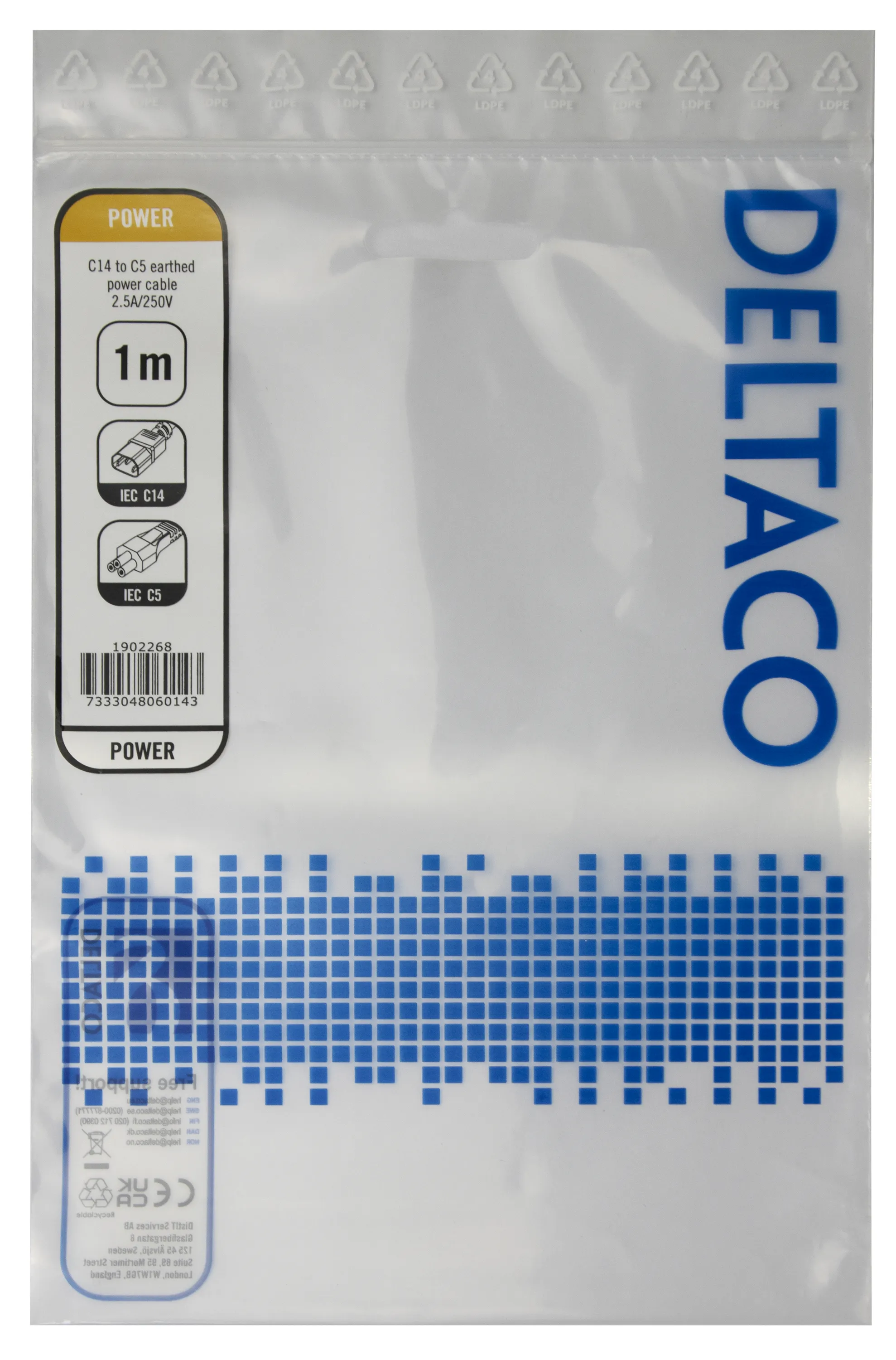 Deltaco IEC C14 - IEC C5 -virtakaapeli, Musta, 1m