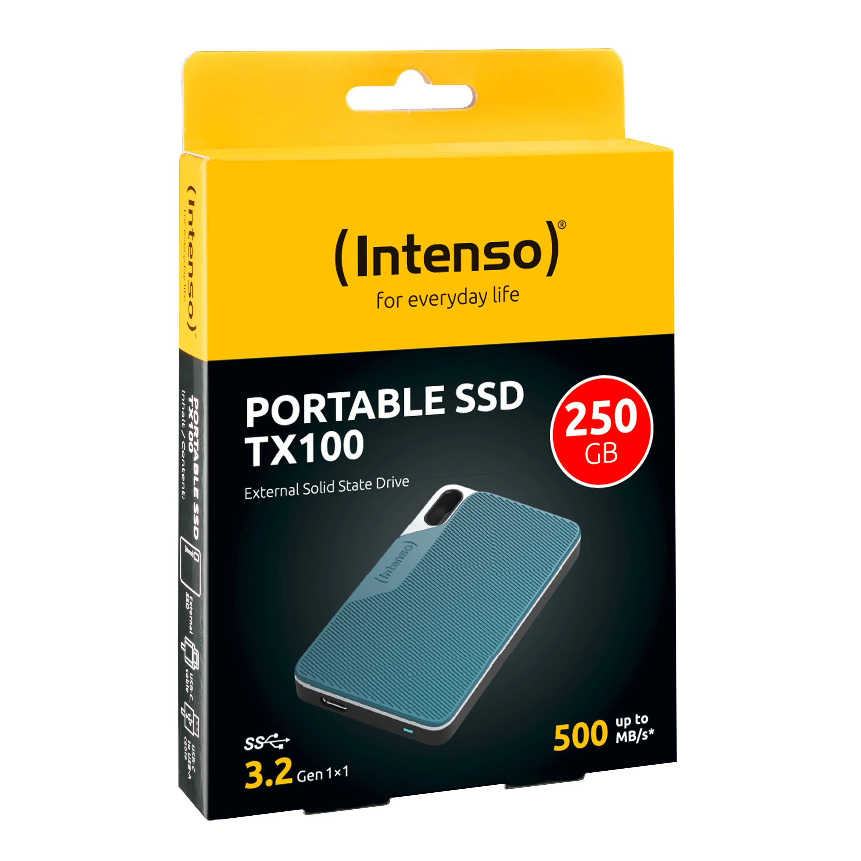 Intenso TX100 250 Gt USB-C -ulkoinen SSD, kannettava, iskunkest&auml;v&auml;, Grey-blue