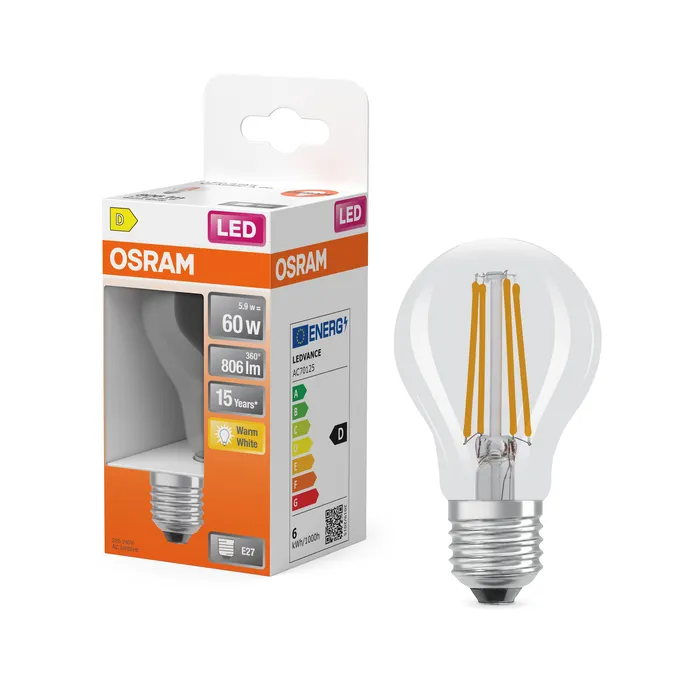 OSRAM LED Filament Globe Bulb, A60, Transparent, Warm White, E27, 5.9 W, 806 lm, 2700 K