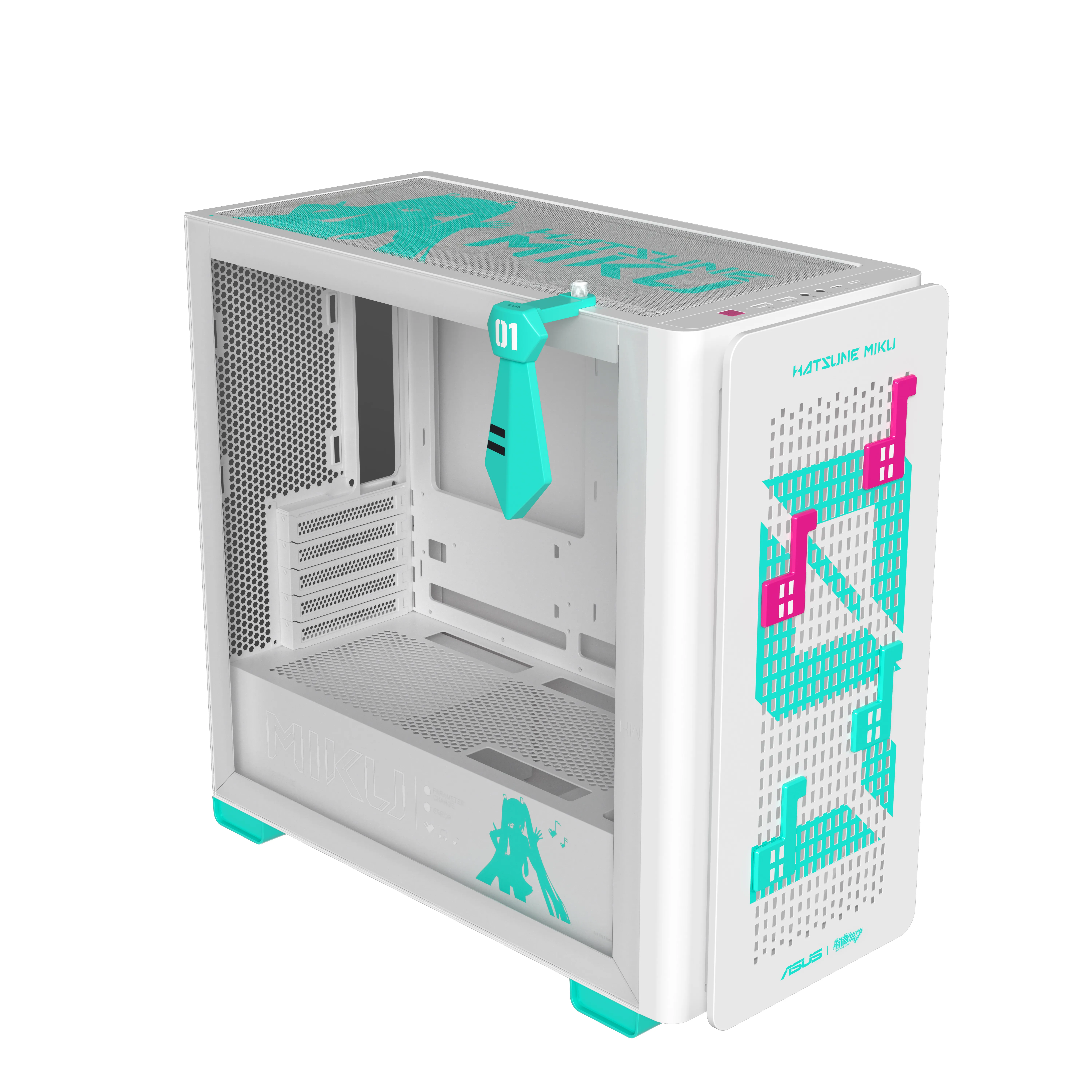 ASUS A23 Hatsune Miku Edition -micro-ATX-kotelo ikkunalla ja RGB-valaistuksella, turkoosi, valkoinen
