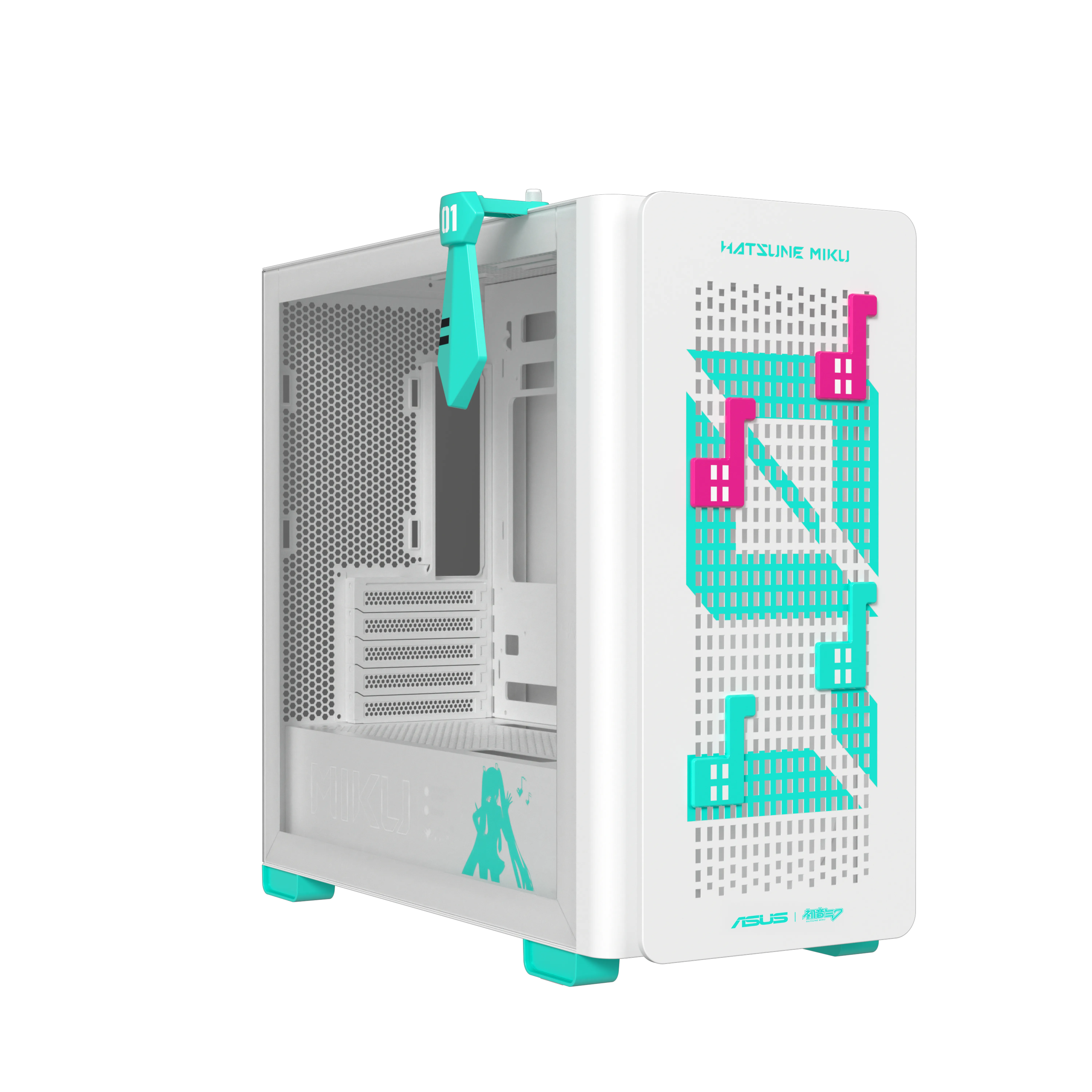 ASUS A23 Hatsune Miku Edition -micro-ATX-kotelo ikkunalla ja RGB-valaistuksella, turkoosi, valkoinen