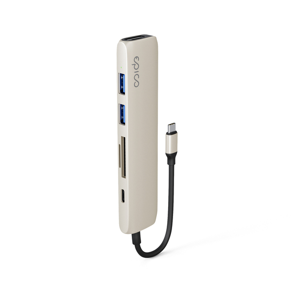 Epico 6in1 Aluminium Hub 100W USB-C PD, 2 × USB-A, HDMI, SD/Micro SD Card Slot 8K with USB-C Connector, Starlight Color