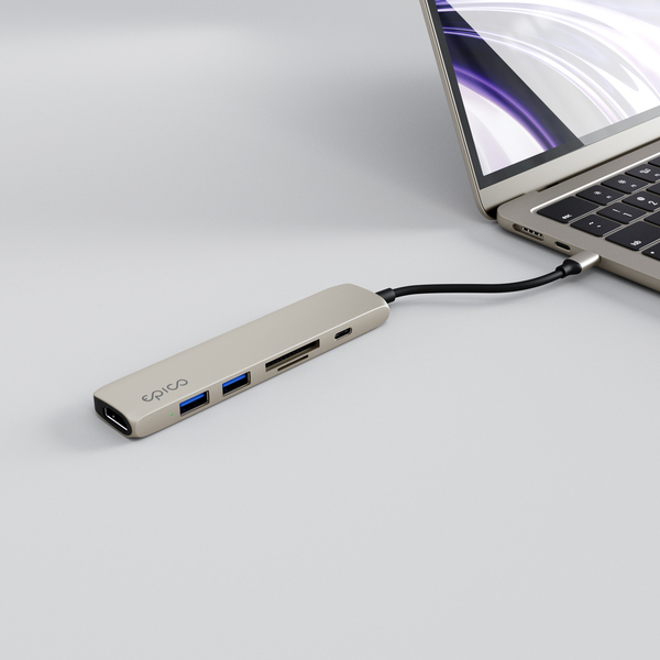 Epico 6in1 Aluminium Hub 100W USB-C PD, 2 × USB-A, HDMI, SD/Micro SD Card Slot 8K with USB-C Connector, Starlight Color