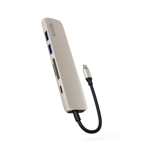Epico 6in1 Aluminium Hub 100W USB-C PD, 2 × USB-A, HDMI, SD/Micro SD Card Slot 8K with USB-C Connector, Starlight Color