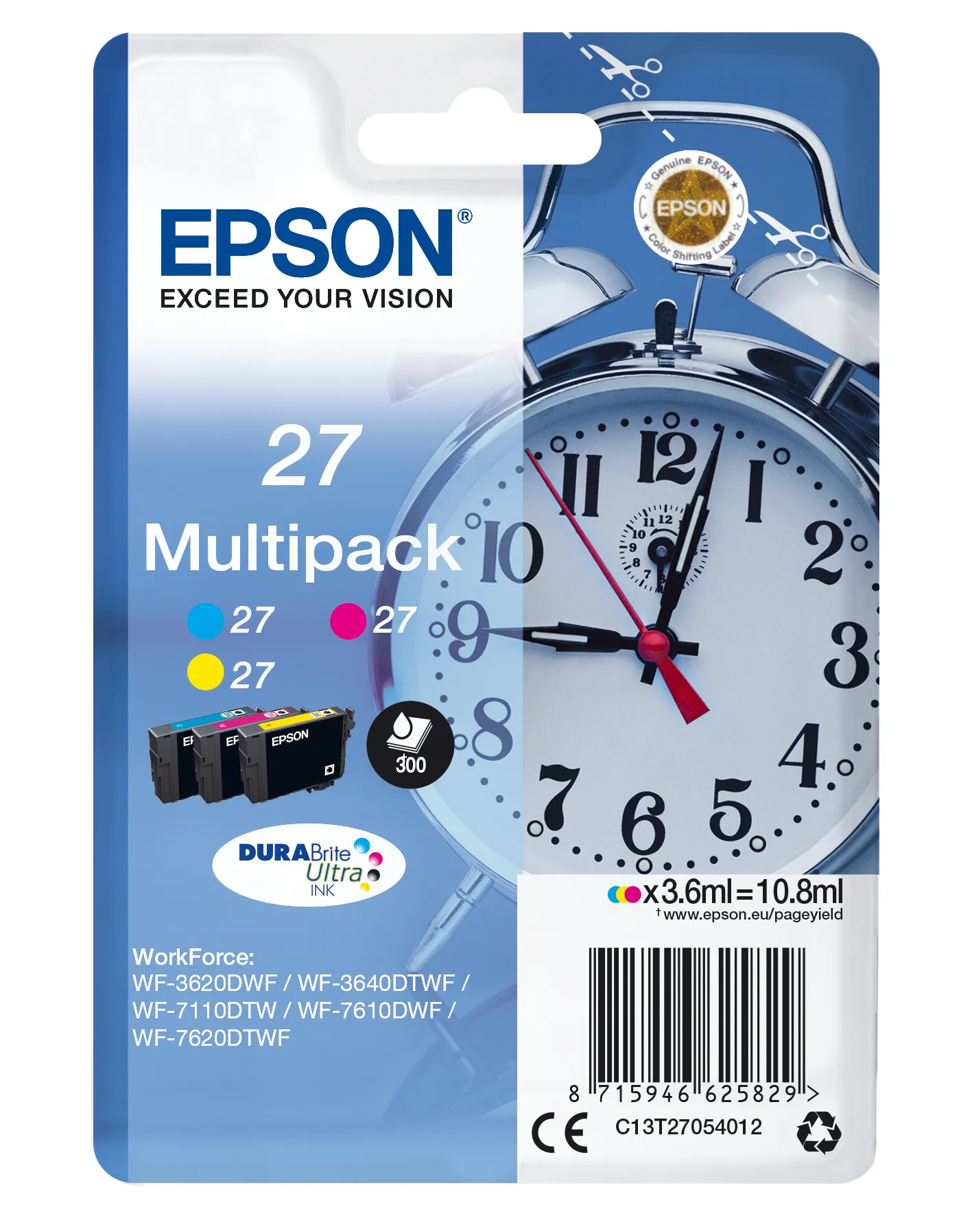 EPSON C13T27054012 kit med bl&auml;ckpatroner, 10.8 ml, cyan, magenta, gul, 3 st