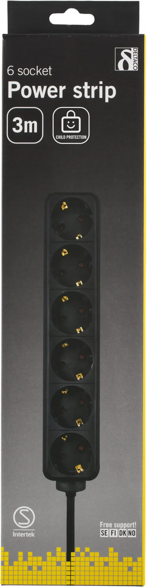 Deltaco GT-129 6 outlets Power Strip, 3m, Black