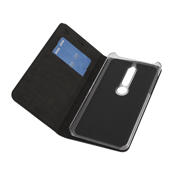 WAVE Book case kotelo RFID -suojauksella. Musta t&auml;sm&auml;istuva kotelo Nokia 6 2018. Kelkka l&auml;pin&auml;kyv&auml;. Kirjamalli. Paikat my&ouml;s maksukorteille. Materiaali laadukast