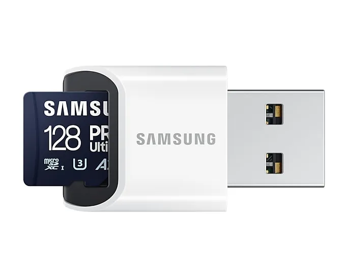 Samsung Pro Ultimate 128GB microSDXC UHS-I U3 V30 A2 card with USB adapter, Blue