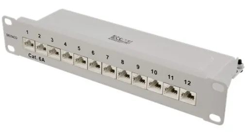 DELTACO 10" patchpanel, 12xRJ45, Cat6a, STP, 10Gbps, metall, grå