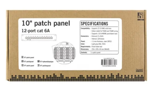 DELTACO 10" patchpanel, 12xRJ45, Cat6a, STP, 10Gbps, metall, grå
