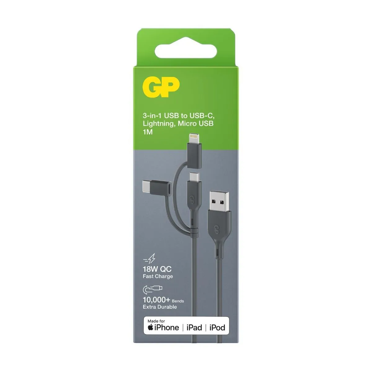 GP Cable USB-A to USB-C 3-in-1 Micro-USB + Lightning CY1N 1m