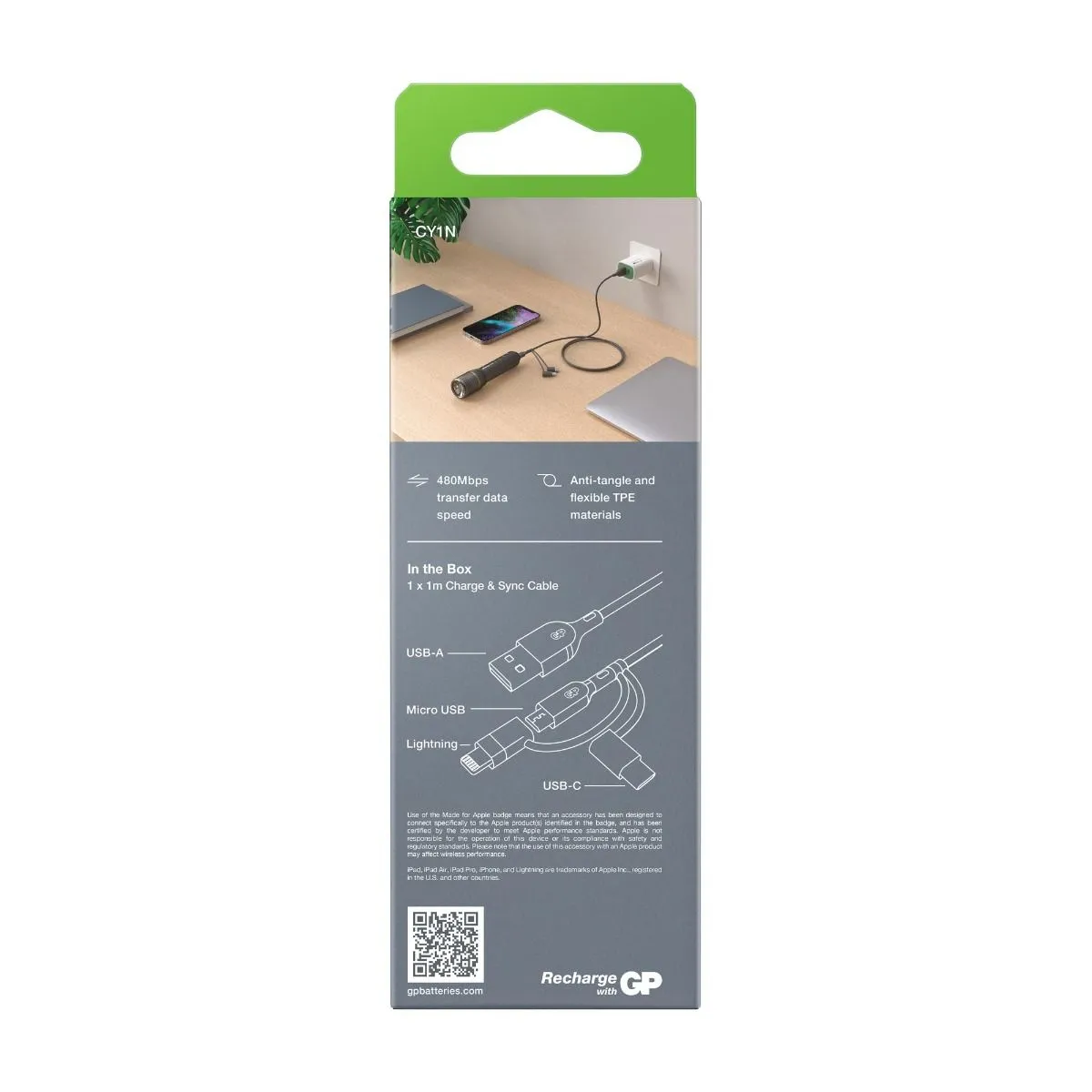 GP Cable USB-A to USB-C 3-in-1 Micro-USB + Lightning CY1N 1m