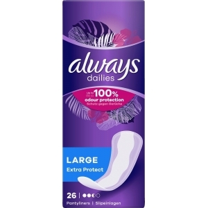 ALWAYS LARGE PIKKUHOUSUNSUOJA NORMAALIPAKKAUS 26 KPL. TAVALLISTA PIDEMPI, MIEDOLLA TUOKSULLA.