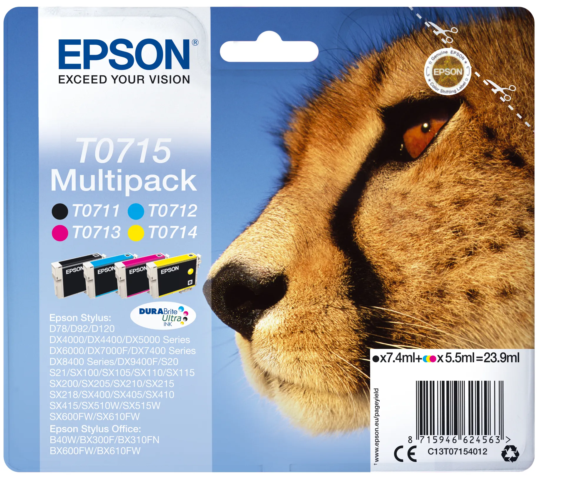 Epson T0715 ink cartridge kit, Black, Cyan, Magenta, Yellow, 4 pcs