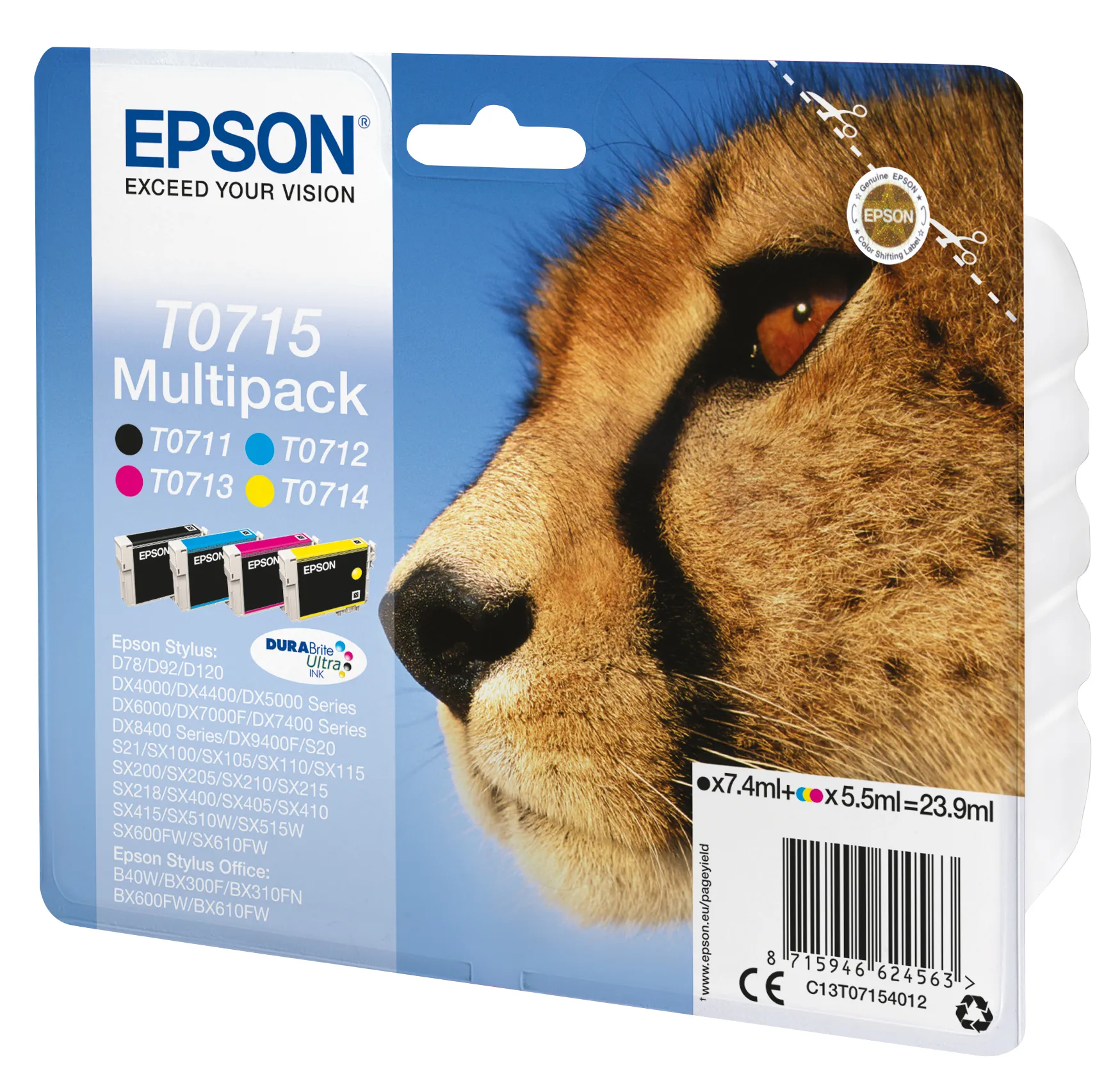 Epson T0715 ink cartridge kit, Black, Cyan, Magenta, Yellow, 4 pcs