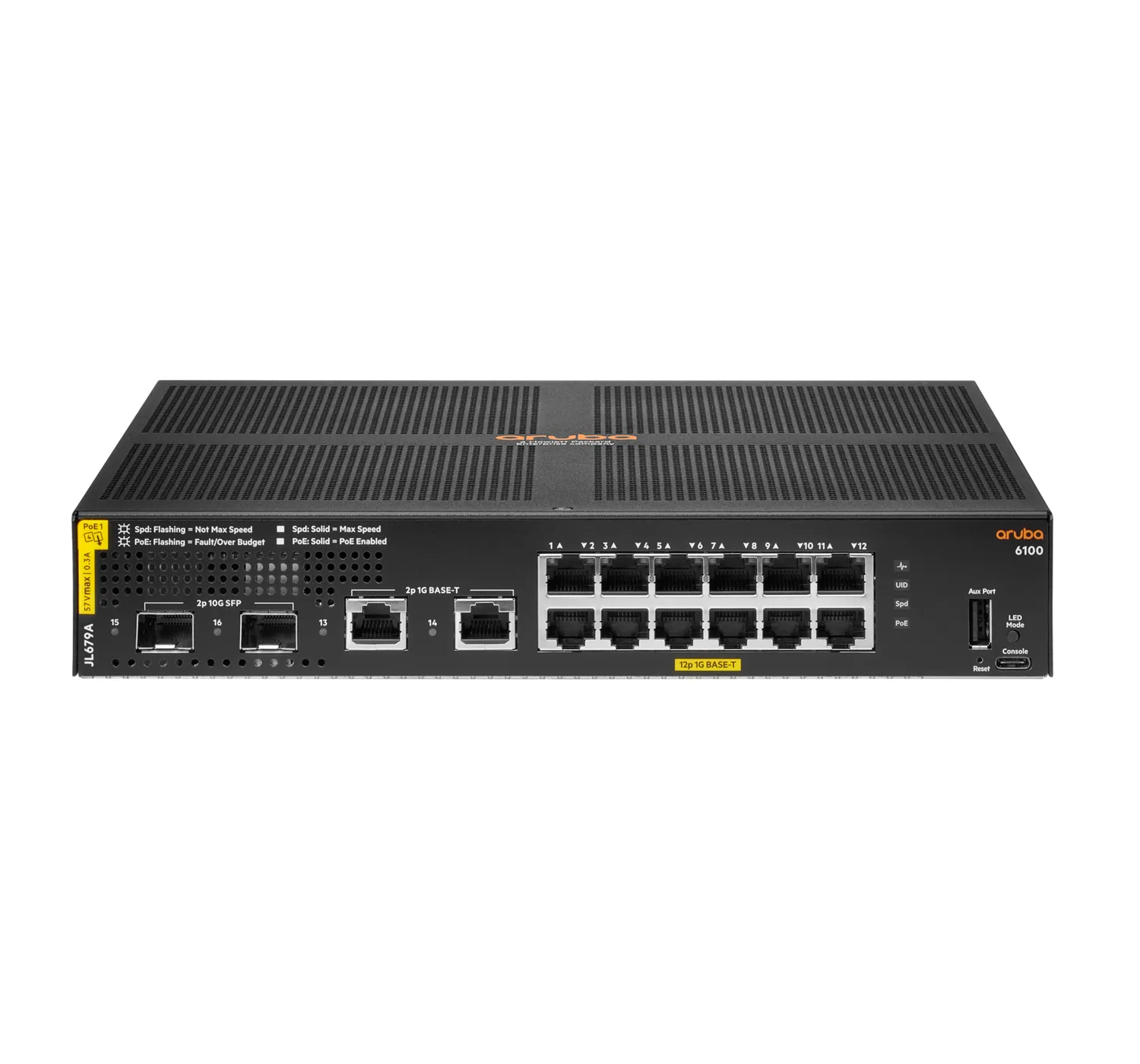Aruba 6100 12G Class4 PoE 2G/2SFP+ 139W  AOS-CX Switch with 12x ports 10/100/1000BASE-T 802.3at PoE Ports and 2x 1G/10G SFP ports 2x 1GbE ports. Layer 2 access