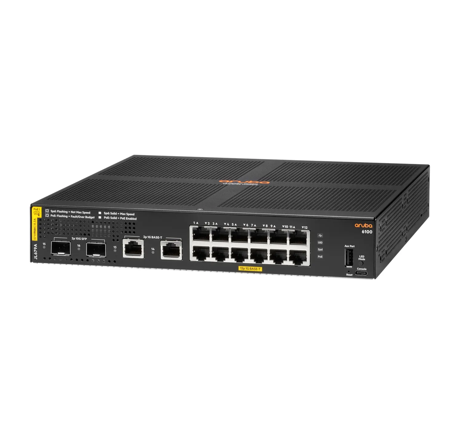 Aruba 6100 12G Class4 PoE 2G/2SFP+ 139W  AOS-CX Switch with 12x ports 10/100/1000BASE-T 802.3at PoE Ports and 2x 1G/10G SFP ports 2x 1GbE ports. Layer 2 access