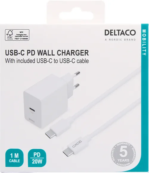 Deltaco PD 20W USB-C - charger with cable, White, 1m