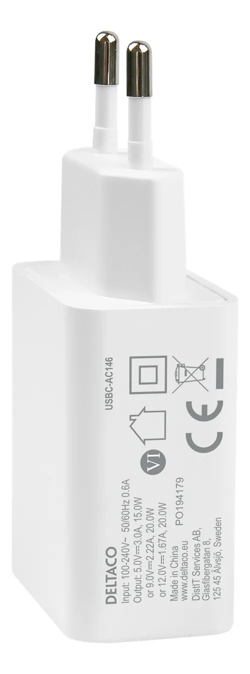 Deltaco PD 20W USB-C - charger with cable, White, 1m
