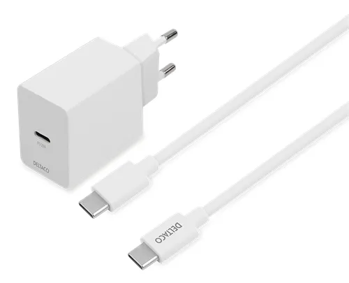 Deltaco PD 20W USB-C - charger with cable, White, 1m