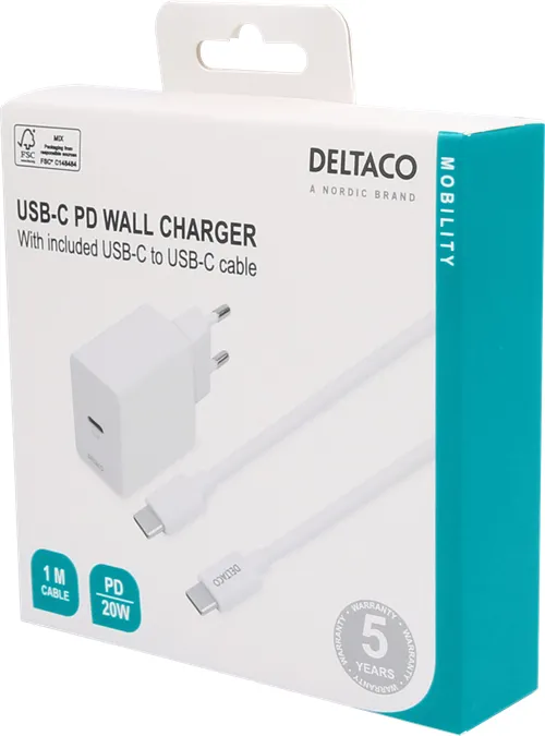 Deltaco PD 20W USB-C - charger with cable, White, 1m