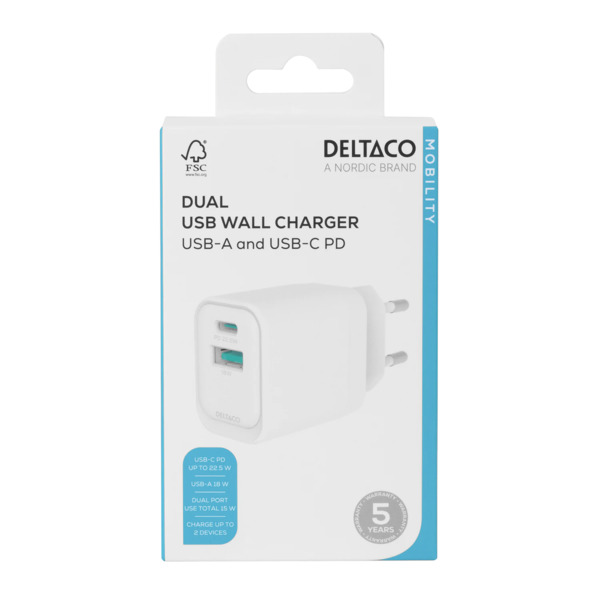 Deltaco 1x USB-A 18 W, 1x USB-C PD 20 W USB -laturi, valkoinen