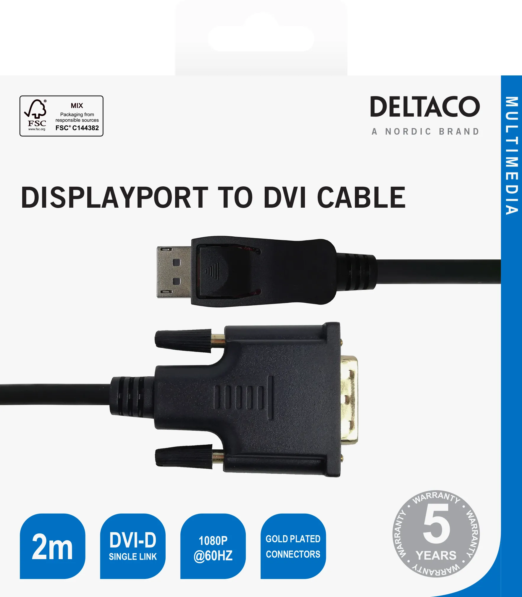 Deltaco  DisplayPort – DVI-D 1.2 - kabel, 2 m, Svart