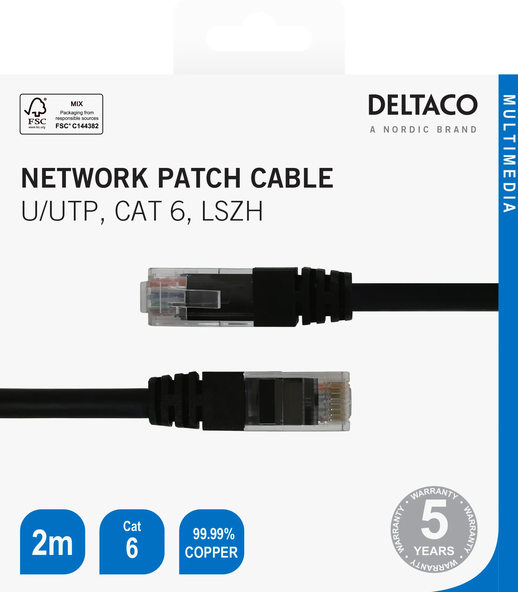 Deltaco CAT6 U/UTP -verkkokaapeli, musta, 2m