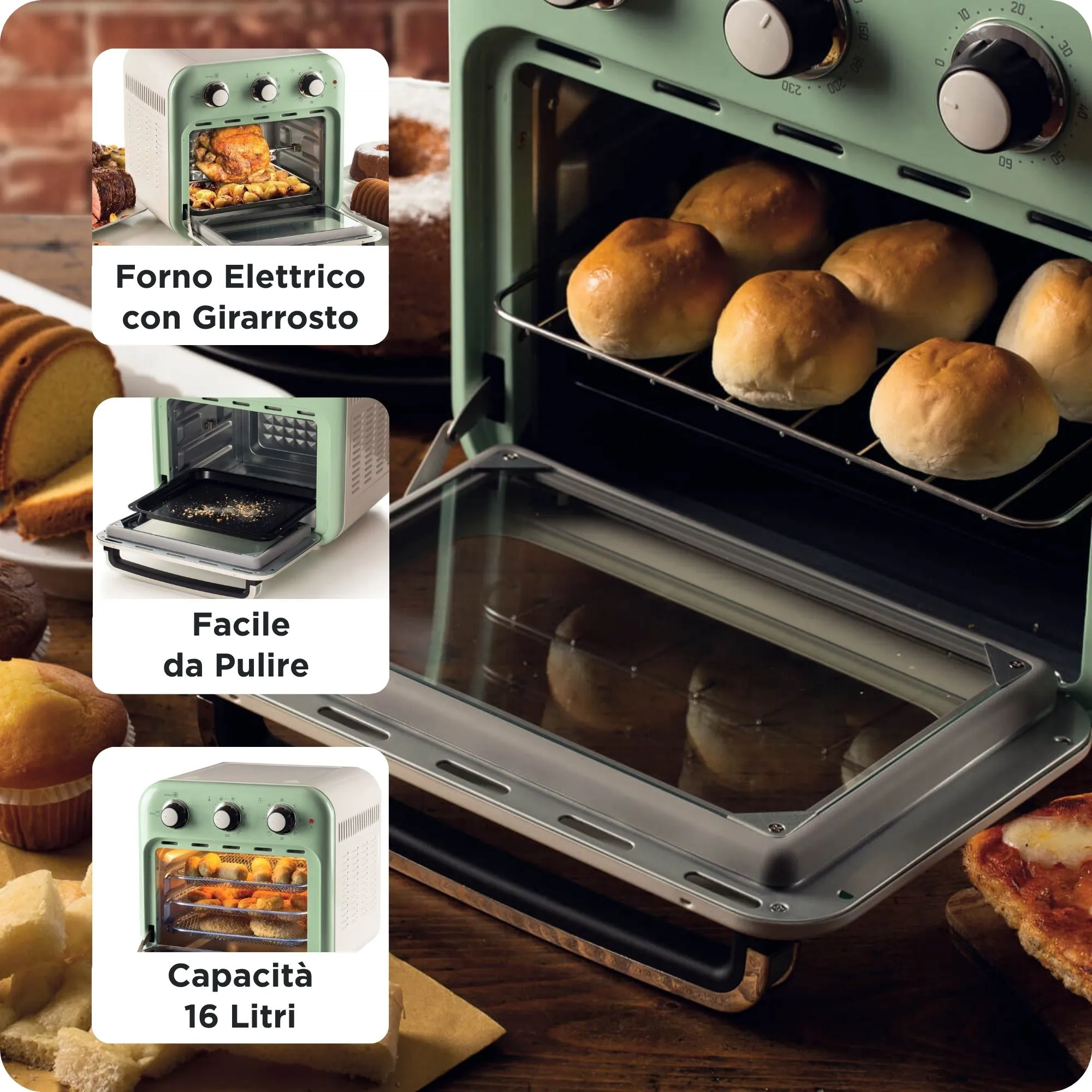 Ariete 3-in-1 Vintage Air Fryer - airfryer and mini oven, Green, 16L