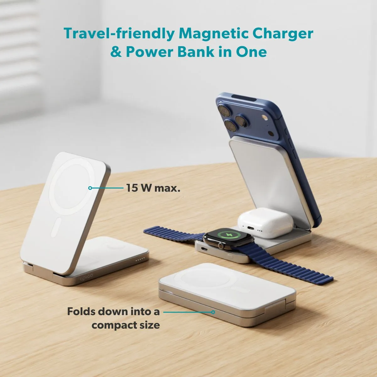 Epico UltraBase 4in1 8000mAh Fold Power Bank  &  Wireless Charging Stand | White | Qi2  &  MagSafe Compatible
