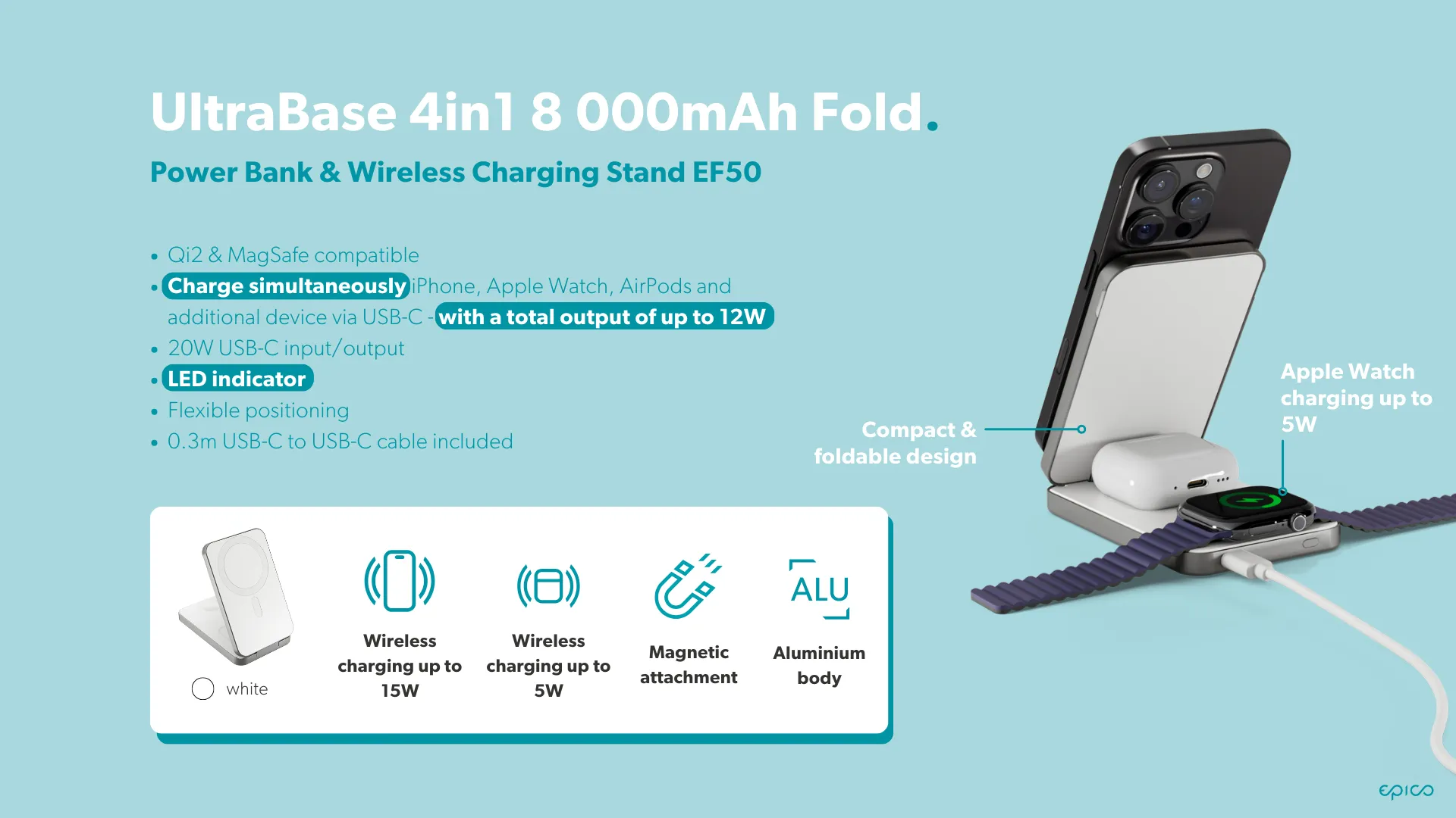 Epico UltraBase 4in1 8000mAh Fold Power Bank  &  Wireless Charging Stand | White | Qi2  &  MagSafe Compatible