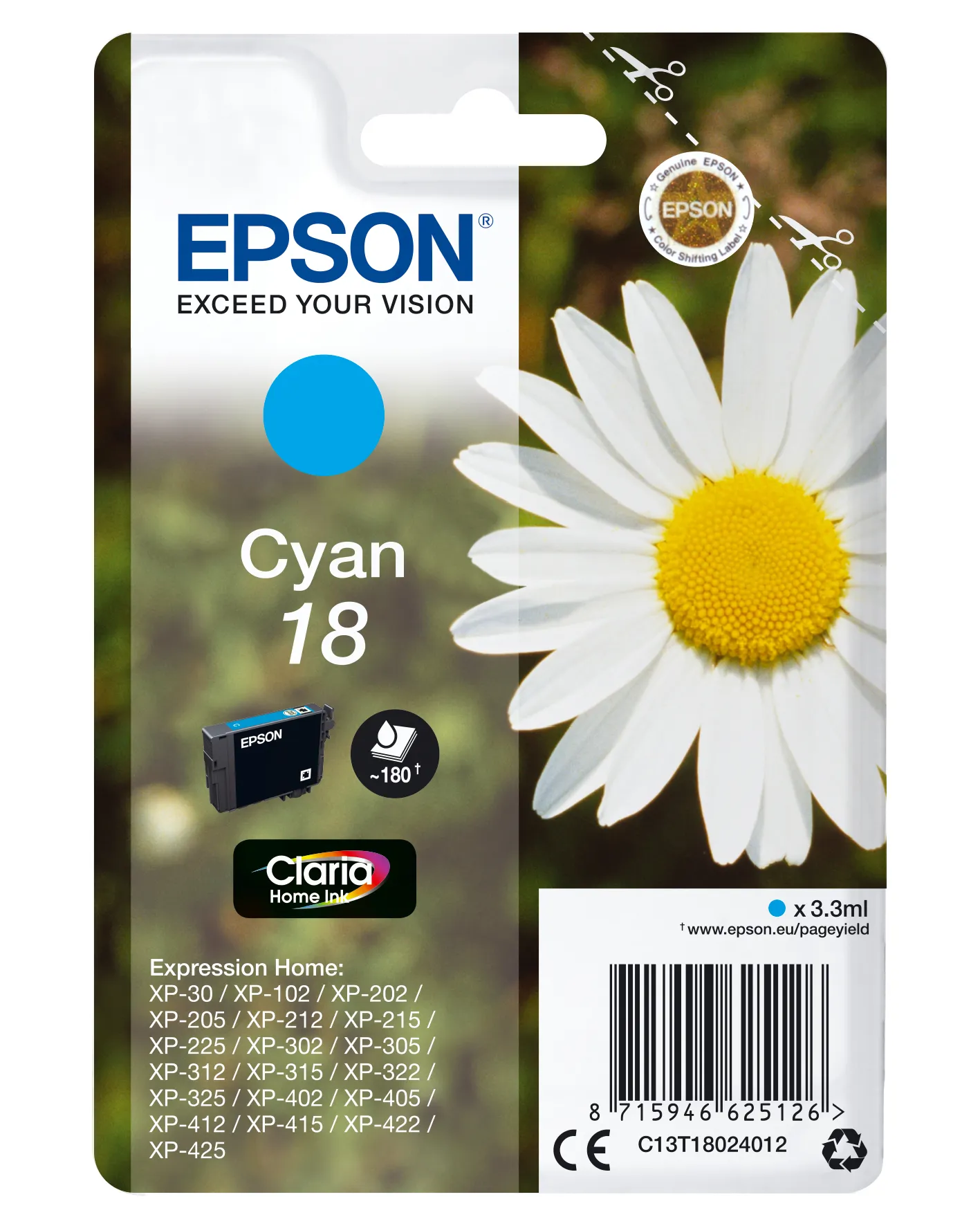 Epson T1802 ink cartridge, 3.3 ml, Cyan