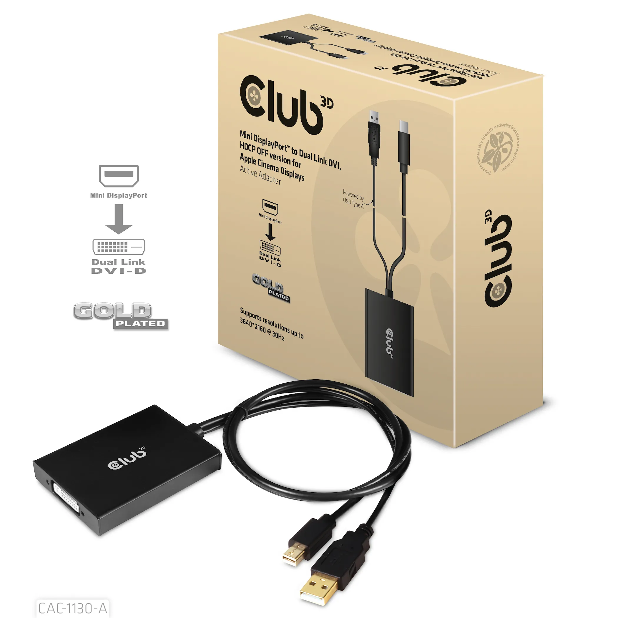 Club 3D Mini DisplayPort - Dual Link DVI, HDCP OFF version for Apple Cinema display - adapter, Black, 0.6m
