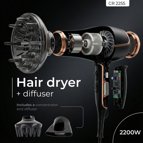 ADLER Camry CR 2255 2000W Hair Dryer, Black/Gold
