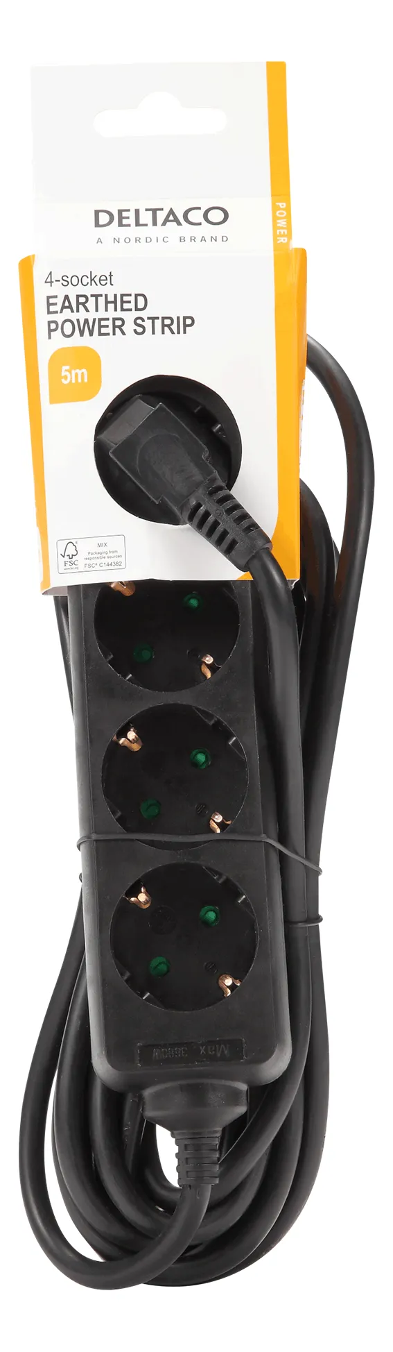 Deltaco outlet 4xCEE 7/3 1xCEE 7/7 extension cord 5m, black