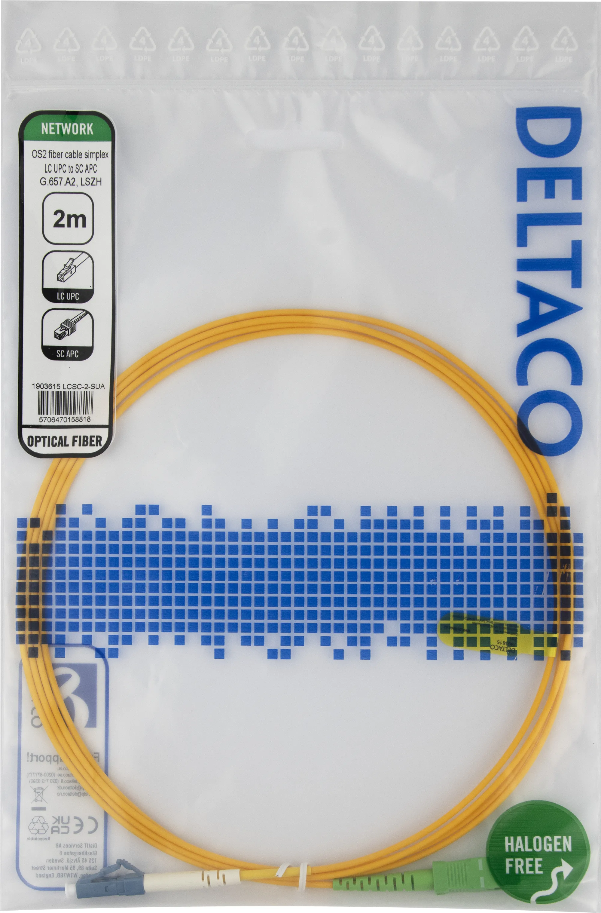 Deltaco OS2 LSZH LC-SC 2m Fiber Optic Cable, Yellow