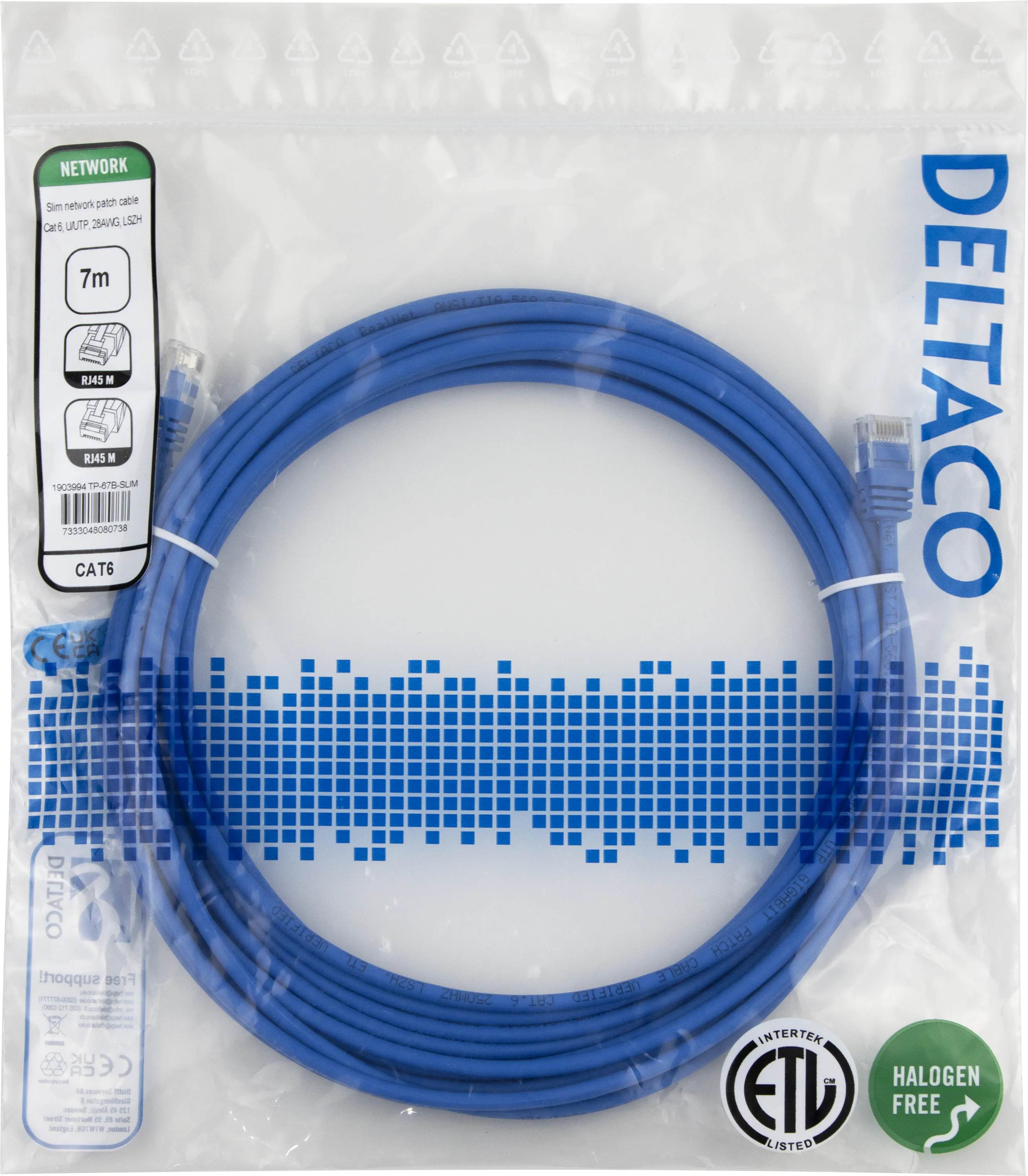 Deltaco Cat6 U/UTP RJ45 7m n&auml;tverkskabel, bl&aring;