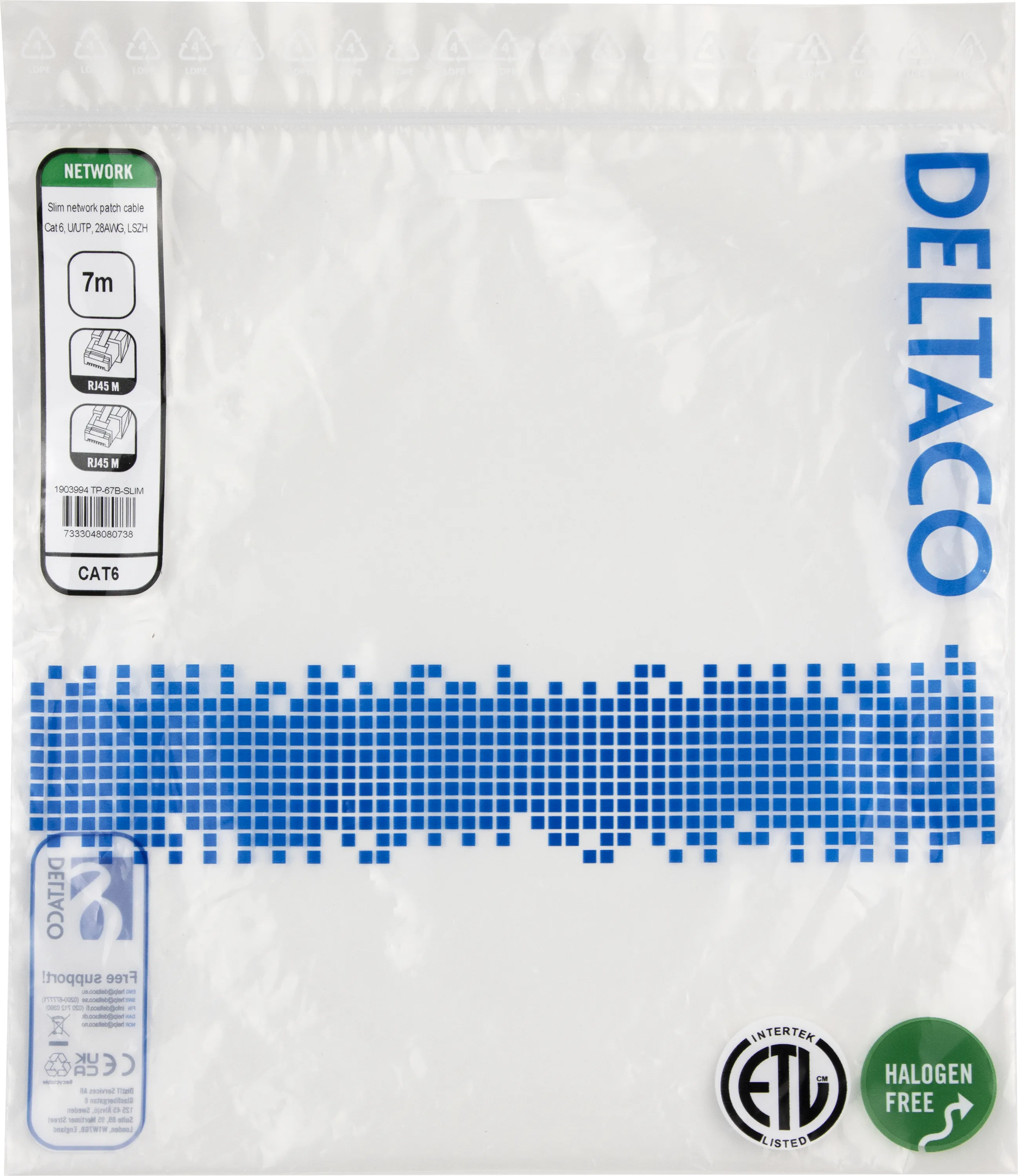 Deltaco Cat6 U/UTP RJ45 7m n&auml;tverkskabel, bl&aring;