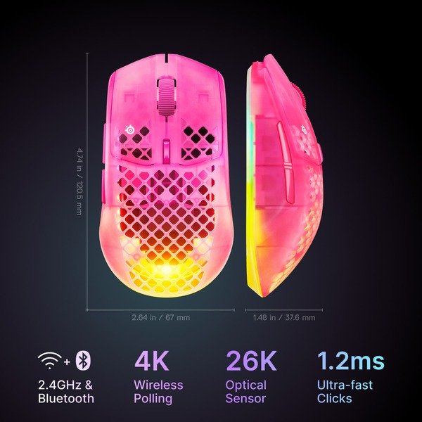 SteelSeries Aerox 3 Wireless Gen 2 Wireless Gaming Mouse, Transparent, Magenta
