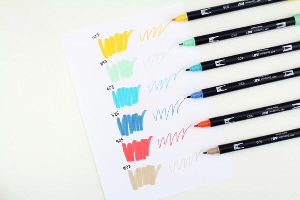 TOMBOW ABT Dual Brush Pen Sunny, 6 st, fluorescerande gul, ljusbl&aring;, rosa, ljus violett, blekrosa, klar orange - penselpenna