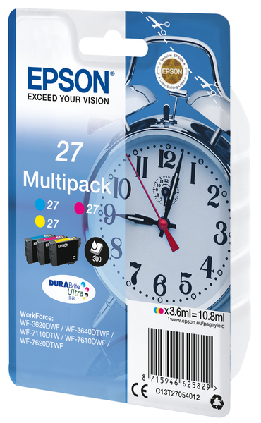 Epson 27 Multi-Pack - 3 pakettia - 10.8 ml - keltainen, sinivihre&auml;, magenta - alkuper&auml;inen - blister RF:ll&auml;/&auml;&auml;nih&auml;lyttimell&auml; - mustepatruuna malleihin WorkForce