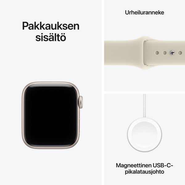 Apple Watch SE 3 (GPS) 40 mm t&auml;htivalkea alumiinikuori ja hiekanv&auml;rinen urheiluranneke, S/M