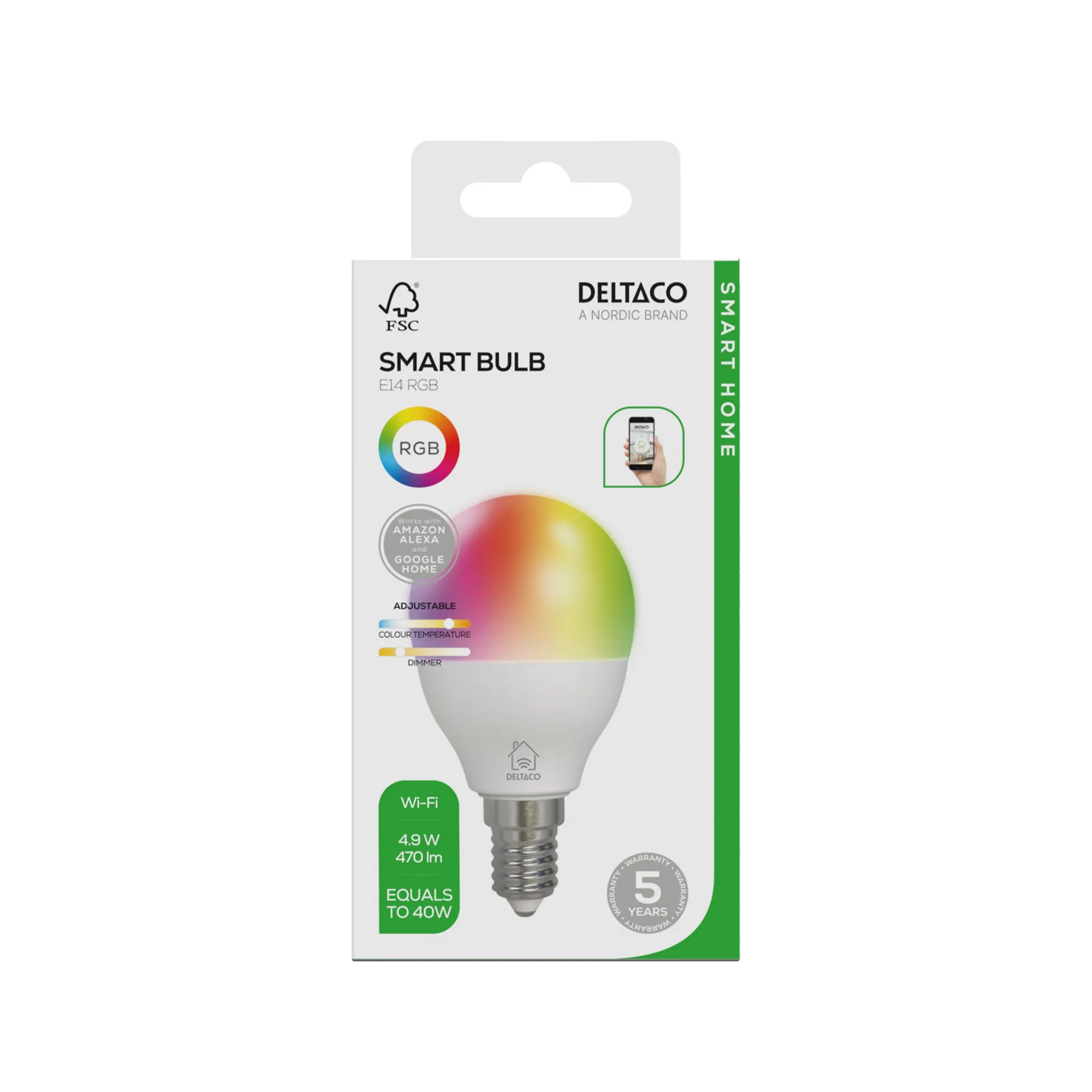Deltaco Smart LED -lamppu, E14, RGB, WiFi, 4.9W