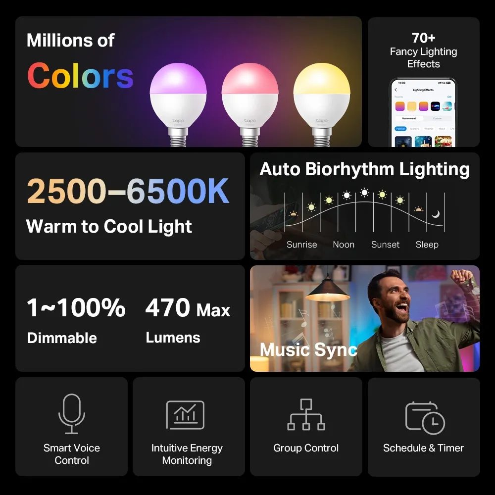 TP-Link Tapo L430P Smart Light Bulb E14 P45 4.8 Watts 470 Lumens Multicolour 1-pack