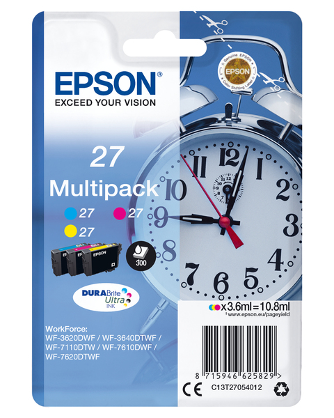 Epson 27 Multi-Pack - 3 pakettia - 10.8 ml - keltainen, sinivihre&auml;, magenta - alkuper&auml;inen - blister RF:ll&auml;/&auml;&auml;nih&auml;lyttimell&auml; - mustepatruuna malleihin WorkForce