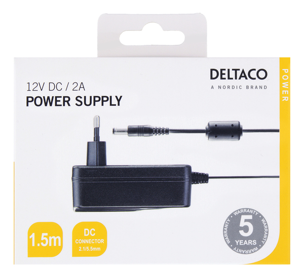 DELTACO n&auml;tadapter, 100-240V till 12V 2A, svart