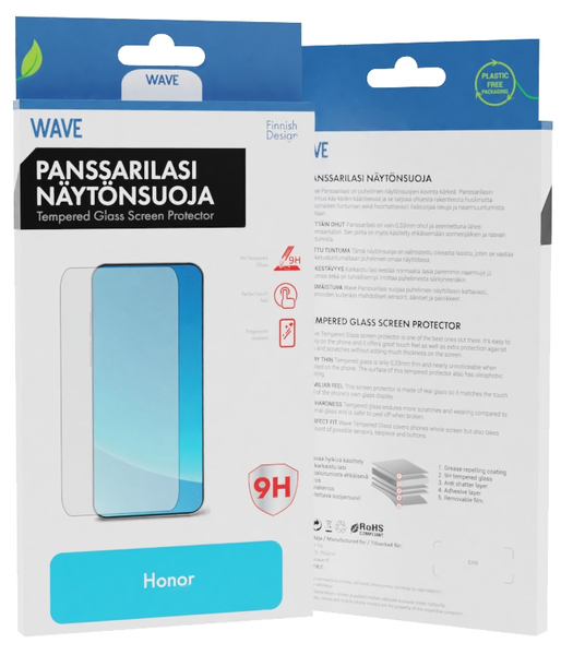WAVE PANSSARILASI - KIRKAS Full fit N&auml;yt&ouml;nsuojakalvo, karkaistua lasia. HONOR10. 9H, 0,33 mm paksu lasikalvo.  Pakkauksessa yksi kalvo, 2 puhdistusliinaa (koste