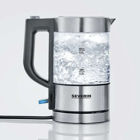 Severin WK 3472 kettle, 0.5L, 1100W, Glass/Stainless steel/Black